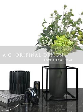 AC样板房样品屋展示中心茶几花艺摆件磨砂玻璃花器整体软装电视柜