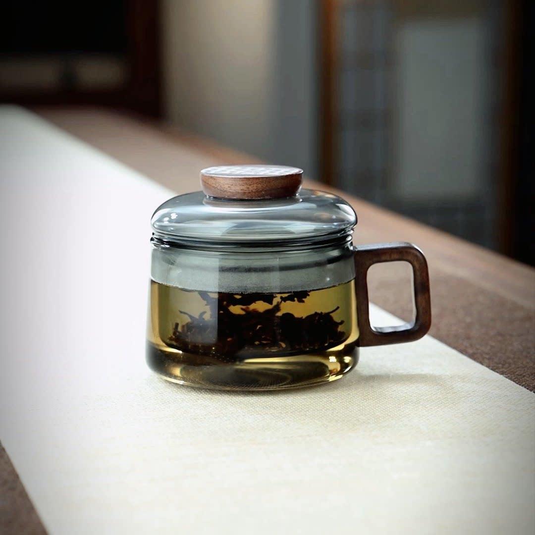 高硼硅耐高温办公杯烟灰色经典简约带过滤茶水分离玻璃杯迷你茶壶
