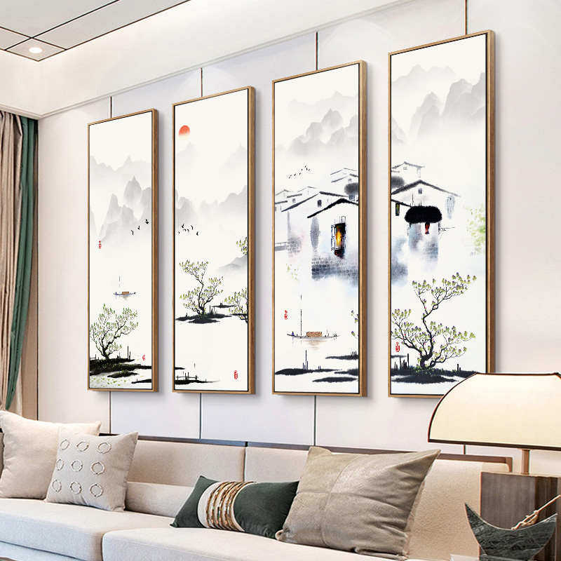 江南水乡客厅挂画新中式沙发背景墙四联装饰画茶室竖版禅意水墨画,家居饰品,现代装饰画,淘宝优惠券,粉丝福利购,淘宝优惠卷