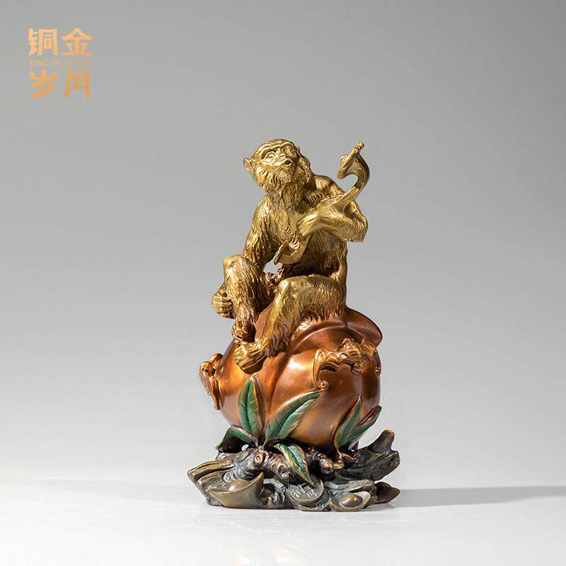 《如意猴》铜金岁月黄铜摆件新中式寿桃猴工艺品铜器客厅桌面装饰