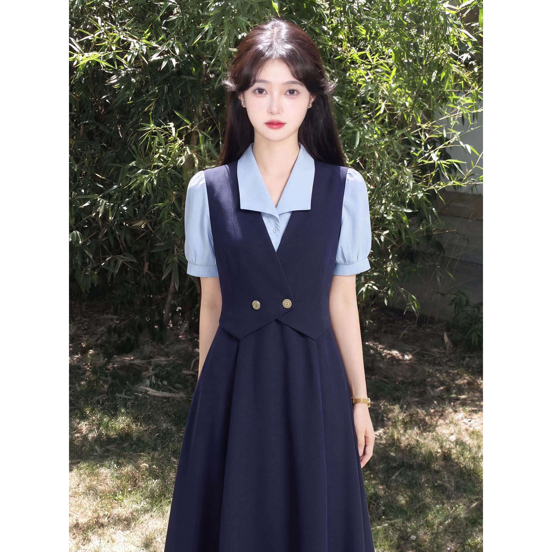 蓝色背心洋装女夏季小个子教师面试穿搭大学生答辩内搭衬衫裙子
