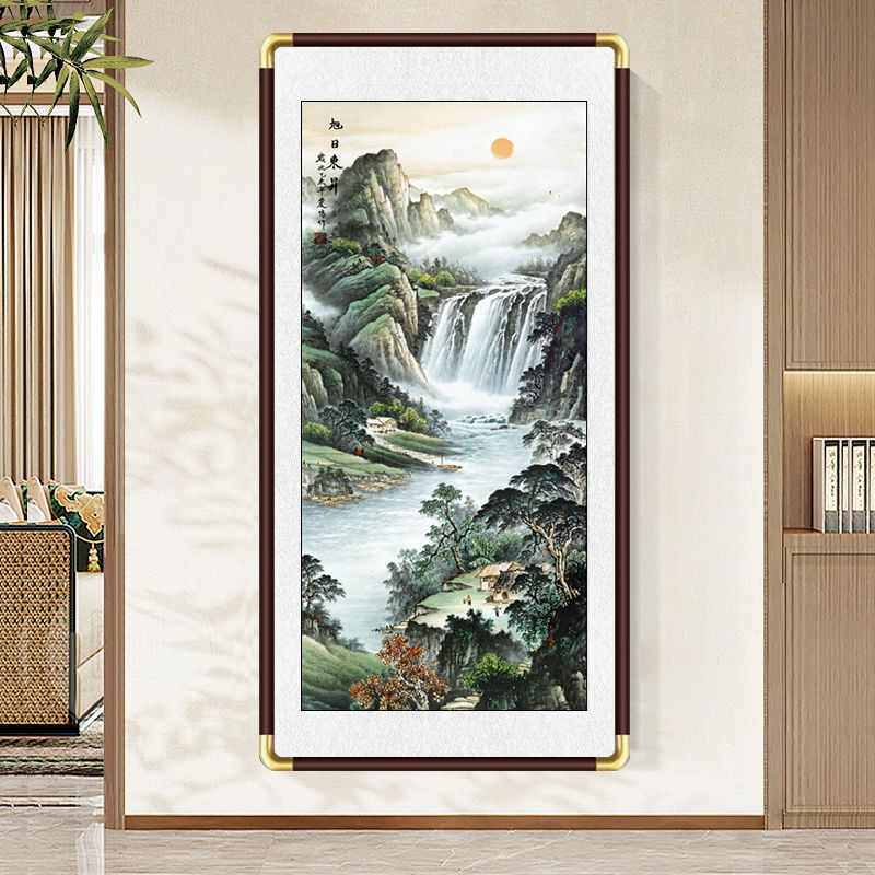 玄关版新挂画中式鸿运走廊墙国画过道当头源远流长竖山水画装饰画