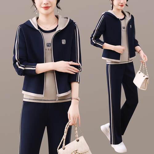 妈妈秋套装新休款闲动服三件套气质中老年女运96578285春秋装外套