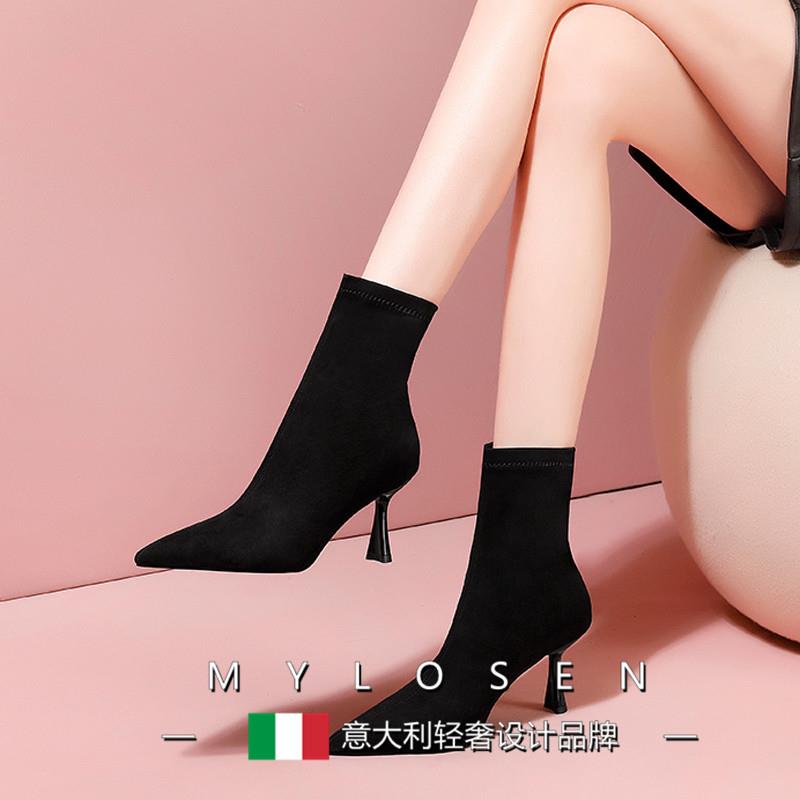 2024新款细跟瘦瘦靴卡其色女冬季弹力短靴 欧美风格尖头套筒女靴