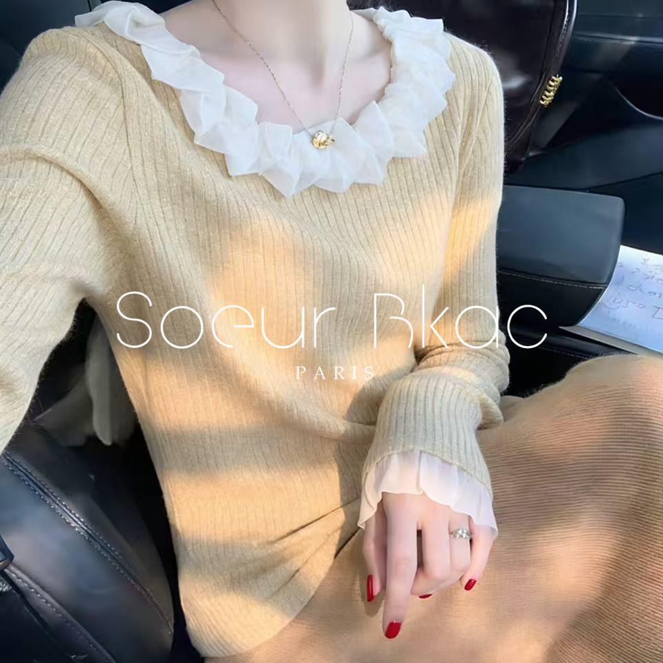 法国SOEUR BKAC春季法式减龄黄色拼接花边针织衫女甜美风软糯上衣