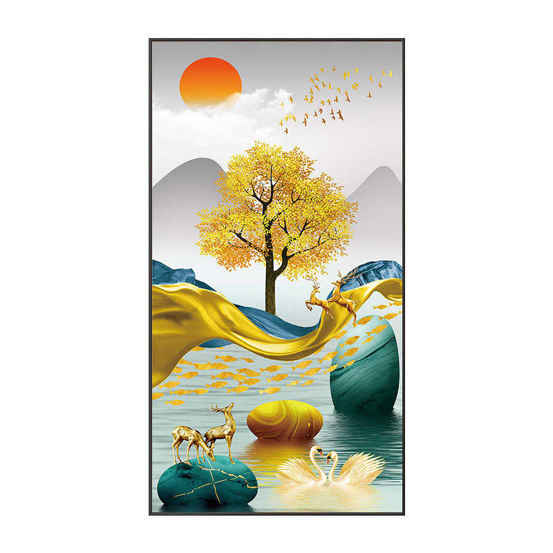 画过道高级样板间感工装中式新九玄关装饰画走廊酒店金鹿鱼画壁画图片