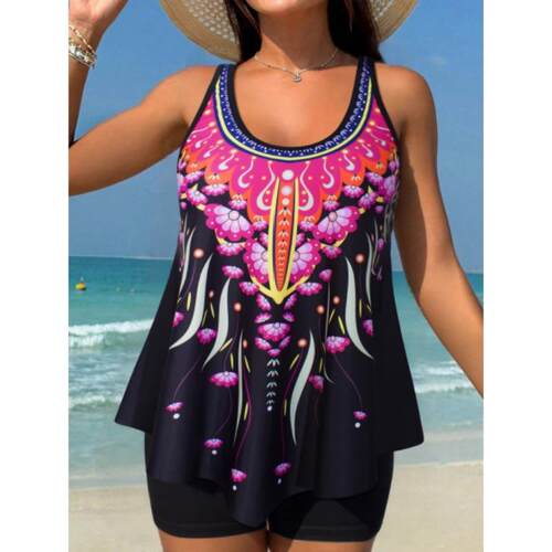 Printed belly covering slimming flat corner pants, plus