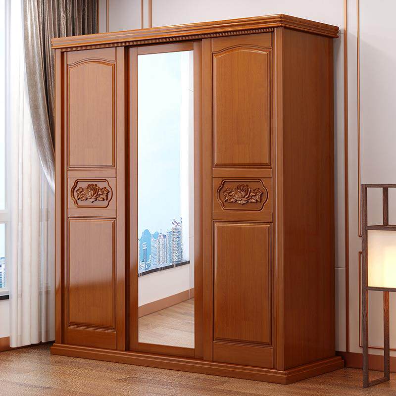 9310#质中式实木衣柜门三门木大滑移储物收纳带镜子衣柜推拉门大