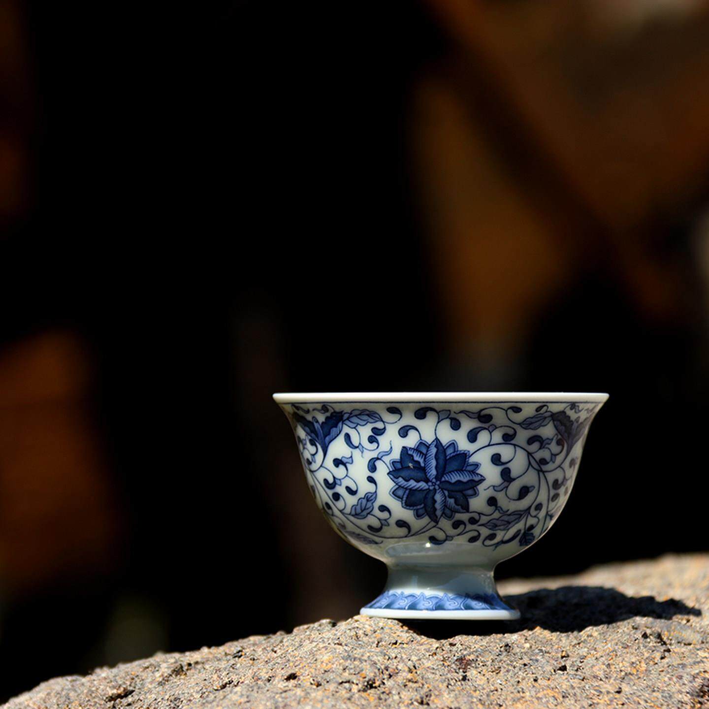 青花釉里红缠枝莲高脚杯主人杯陶瓷品茗杯青花瓷大号茶杯个人单杯