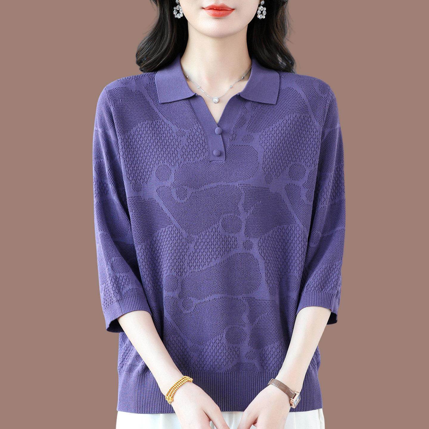 春夏时尚翻领七分袖桑蚕丝t恤女妈妈气质新款宽松显瘦针织打底衫
