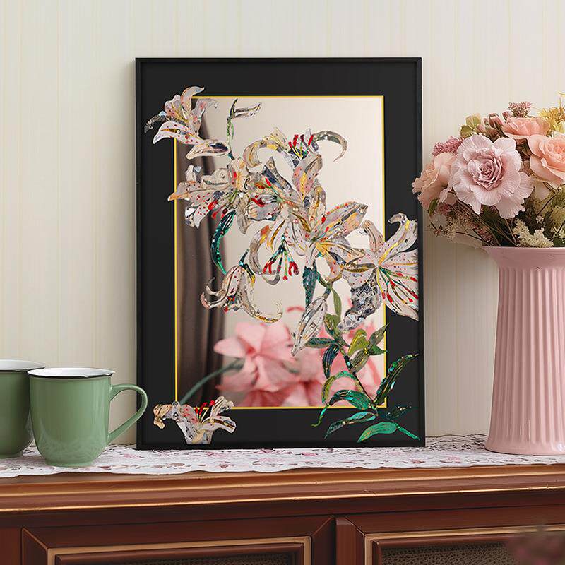 新中式百合花卉镜子画客厅装饰抽象高级感油画彩色中古玄关装饰画