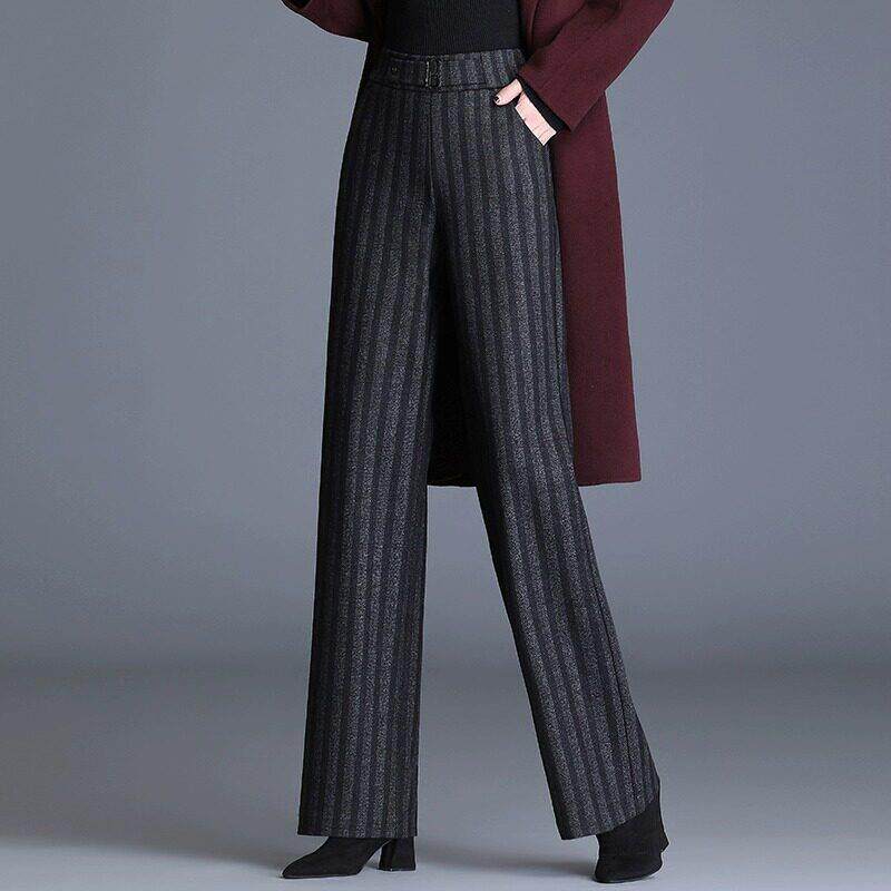 条纹毛呢阔腿裤女新款2025年春秋妈妈休闲裤大尺码高腰宽松直筒长