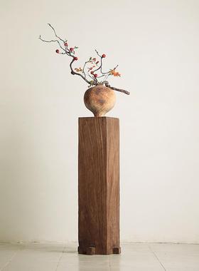 形上侘寂风实木墩底座柱子冯哲元花瓶客厅玄关木雕中式造景摆件