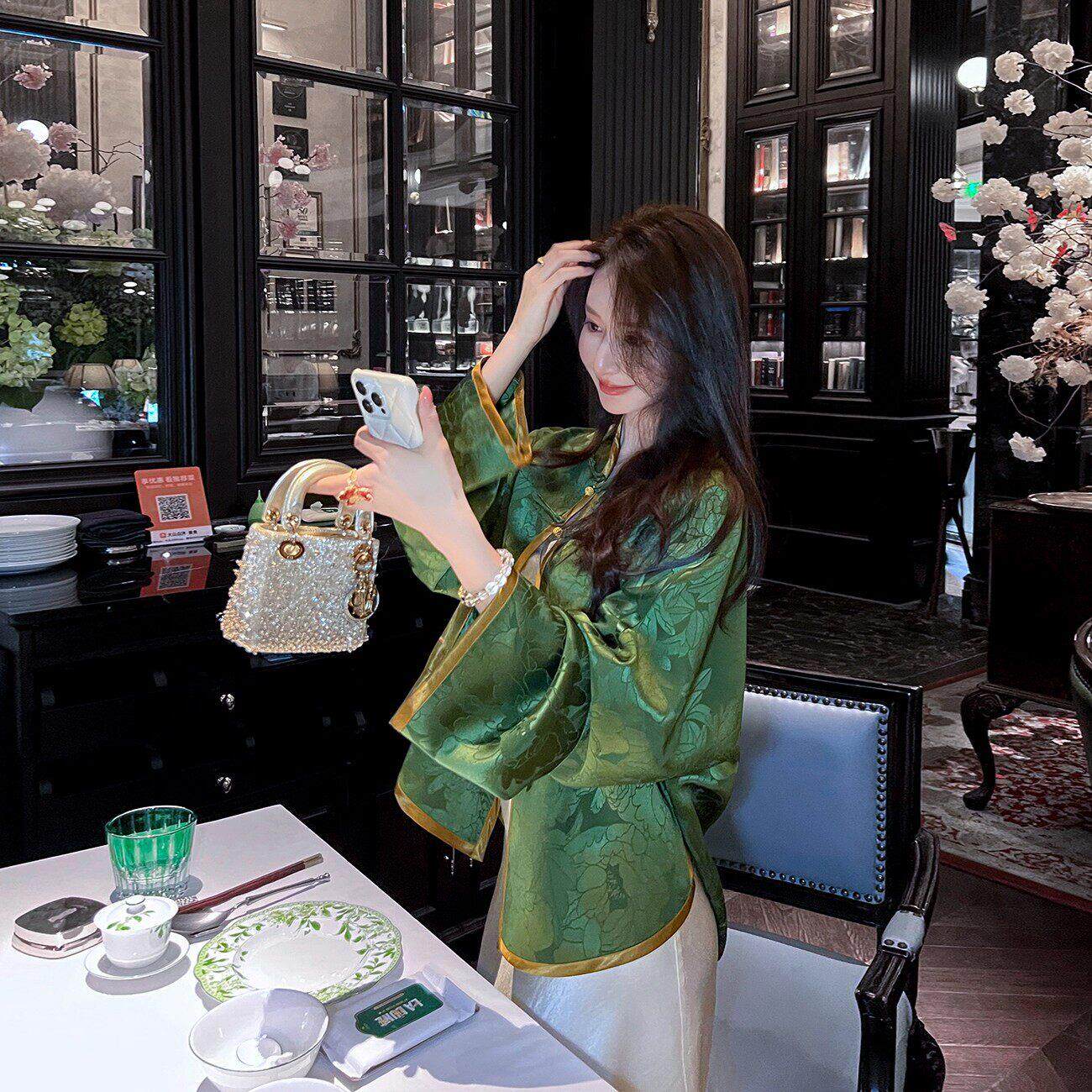 新中式覆古国风绿色提花外套女2025春秋季新款老钱风改良唐装上衣