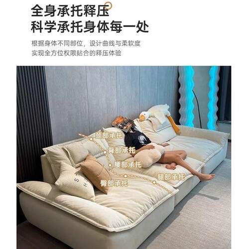 轻奢绒布沙发帆船造型宽坐深直排懒人羽绒填客厅乳胶皮艺沙发客厅