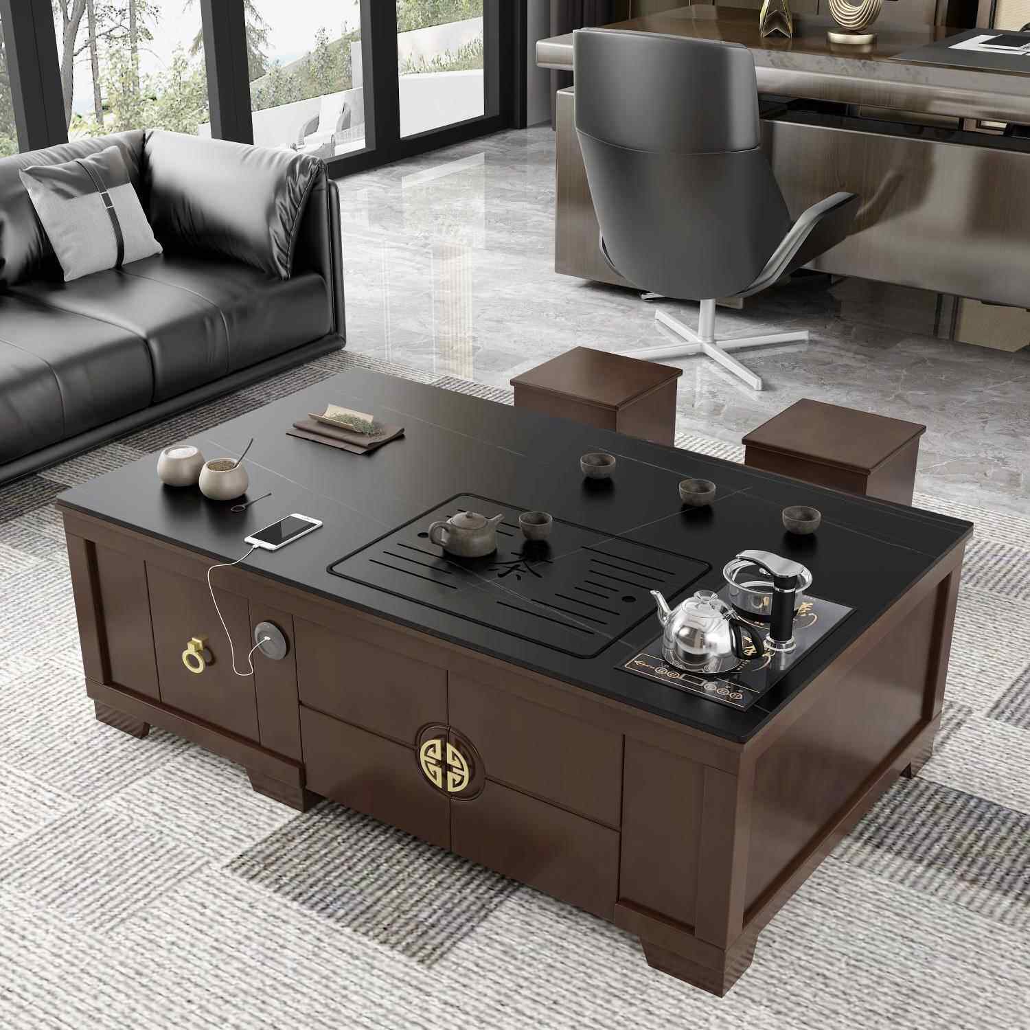 桦崟岩板功夫茶几带烧水壶茶 桌  椅 茶具套装一体新中式办公室家用泡茶台摆件饰品床笠拉车