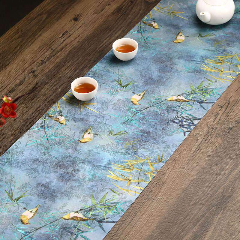 中式竹子花鸟双面防水茶席高档锦缎桌旗长方形茶垫中国风茶桌布垫