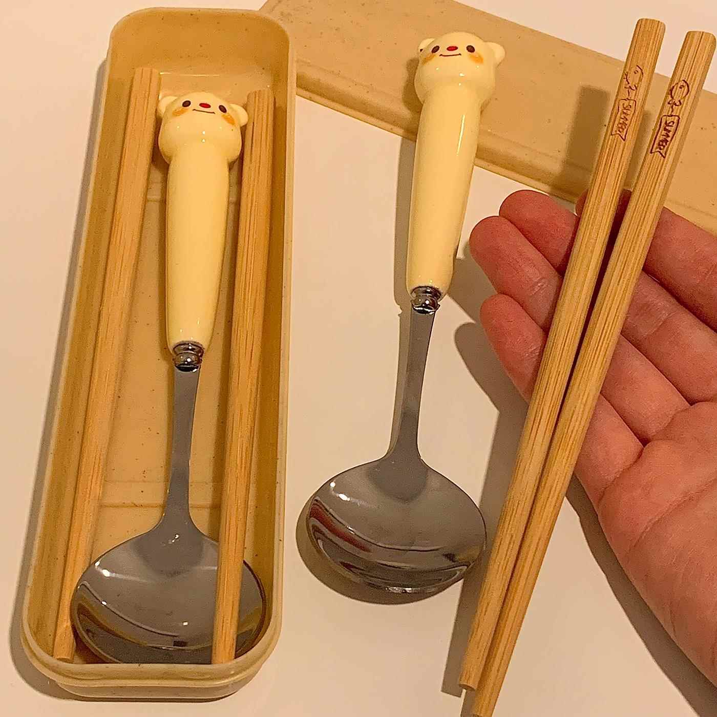 黄油小熊！勺子筷子套装ins木质不锈钢可爱外出自带餐具便携学生