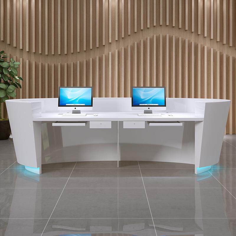 公司前台弧形白色烤漆大厅接待台咨询台办公桌迎宾收银台轻奢风