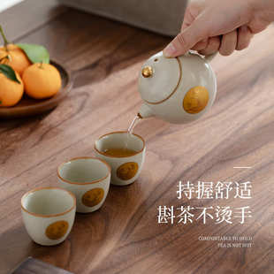 可养开片陶瓷一壶三杯户外便携快客杯商务伴手礼 汝窑旅行茶具套装