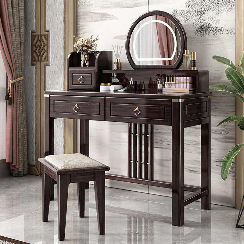 新中式紫金檀木梳妆台卧室带化妆镜收纳现代简约多功能桌子凳子