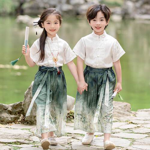儿童中国风新中式唐装夏季汉服幼儿园上春山古诗词朗诵合唱演出服