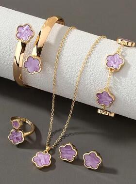 跨境热销幸运花首饰套组压克力手镯手錬五叶草项炼戒指耳针女