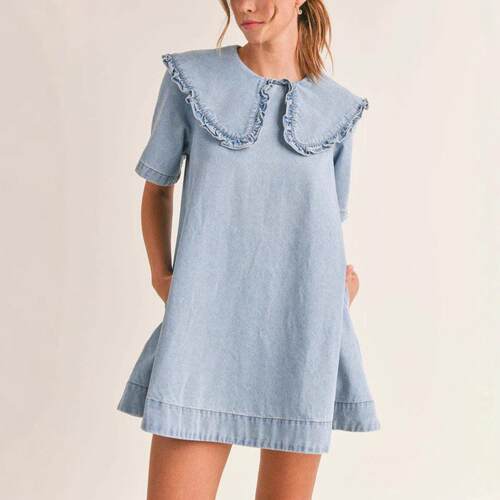 Womens Summer Denim Mini Dress Oversized Peter Pan Collar