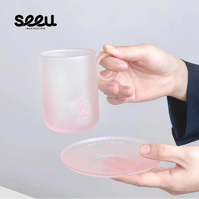 seeu水晶果冻玻璃杯碟小狗马克杯咖啡杯子ins风磨砂水杯320ml