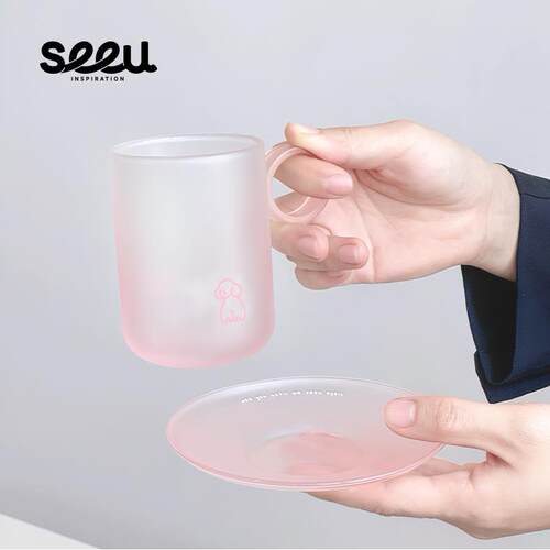 seeu水晶果冻玻璃杯碟小狗马克杯咖啡杯子ins风磨砂水杯320ml