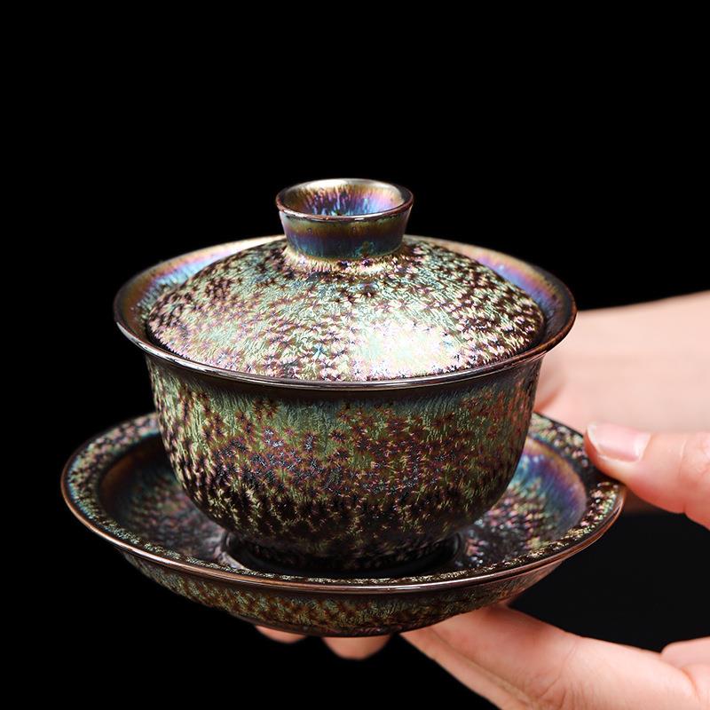 盖碗茶杯大号三才盖碗茶壶陶瓷窑变茶具七彩孔雀天目釉敬茶碗家用