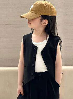 女童黑色西装套装洋气时髦儿童t台走秀潮服休闲小女孩马甲三件套