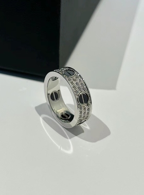 公价8.85w】99新卡地亚18k白金满天星黑陶超宽版戒指6.5mm多码选