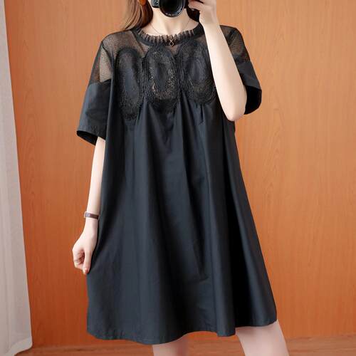 Fat girl lace mesh patchwork short sleeved slimming high