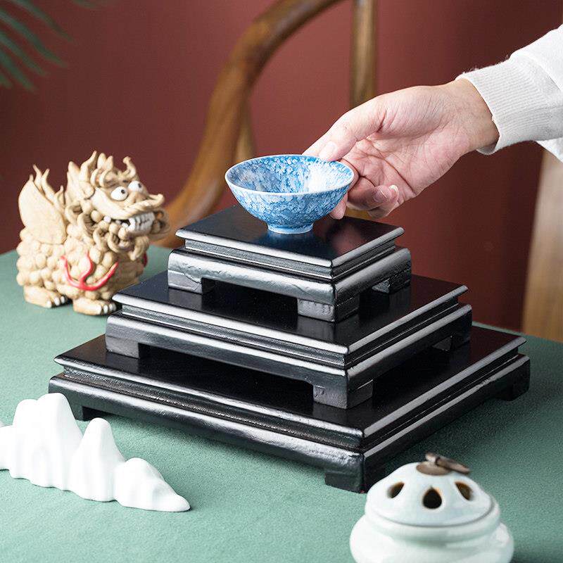 长方形实木底座铜貔貅麒麟金蟾招财摆件装饰客厅工艺品木托盘架子