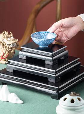 长方形实木底座铜貔貅麒麟金蟾招财摆件装饰客厅工艺品木托盘架子