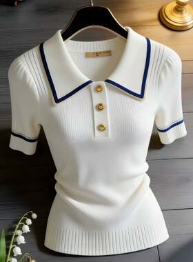 2026春夏新款女士小众白色polo领短袖t恤时尚独特超好看针织上衣