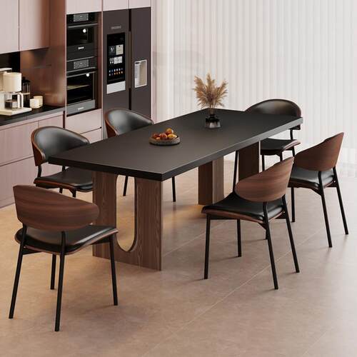 意式轻奢纯色岩板餐桌椅组合家用现代极简小户型长方形带下挂饭桌