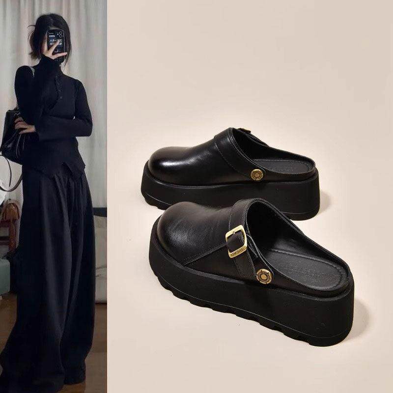 香港真皮厚底勃肯包头半拖鞋女秋外穿2025新款一脚蹬松糕穆勒单鞋