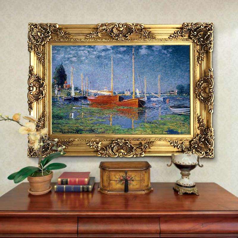 世界名画莫奈风景油画红帆船挂画一帆风顺装饰画欧式客厅有框画