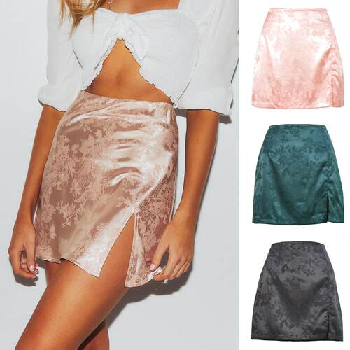 Women's Split Short Skirt Satin High Waist Zipper Half