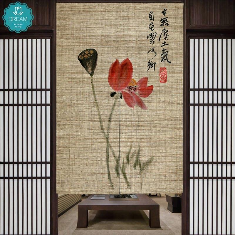 中式覆古荷花玄关遮挡隔断帘家用卧室免打孔卫生间门帘布艺挂帘子