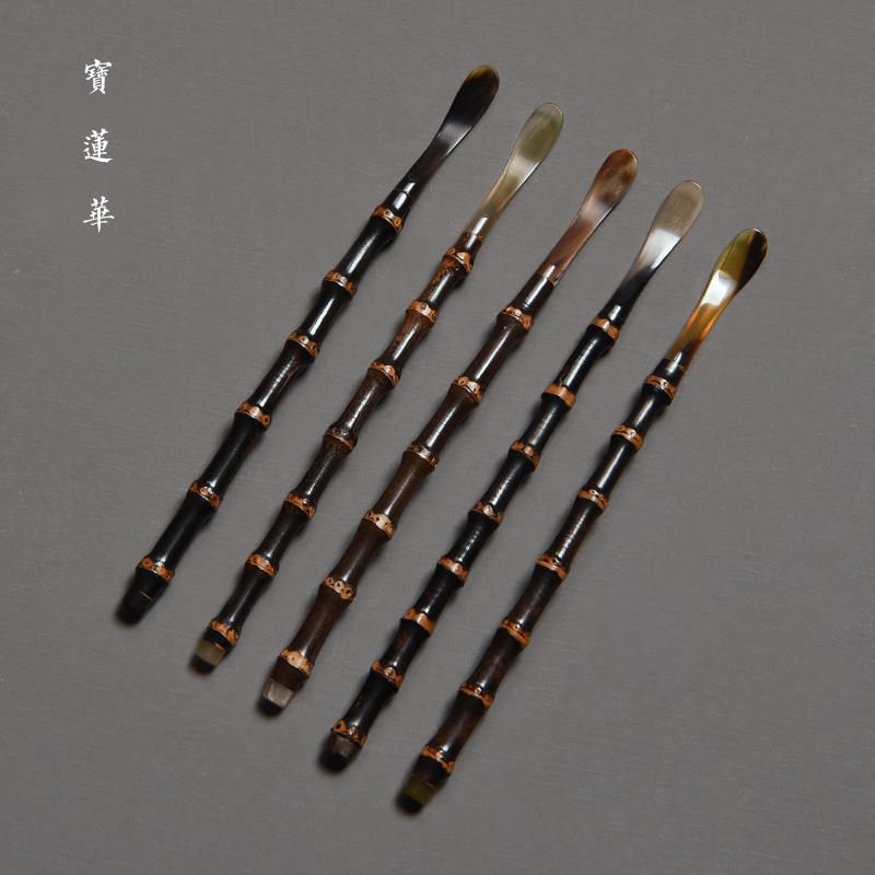 紫竹节角柄茶镶花00382牛茶拨 手工茶勺茶匙茶扒 道零配竹茶器六