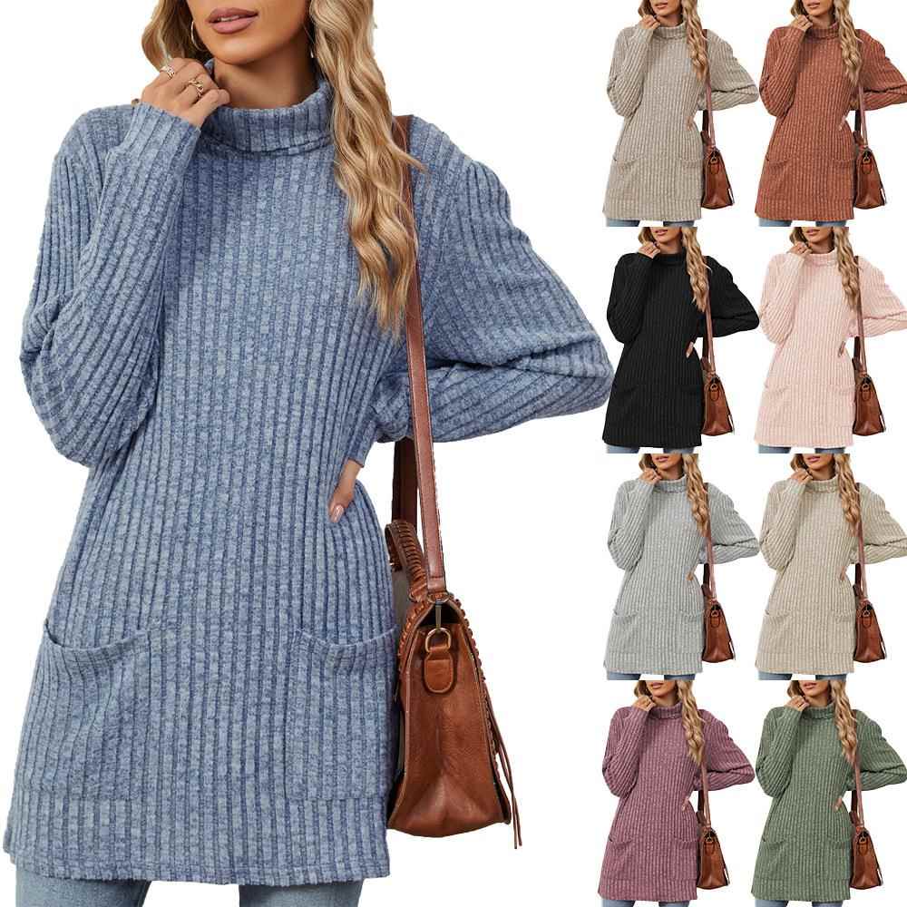 Sleeve Color Half Long Pocket Top Turtleneck Solid Casual