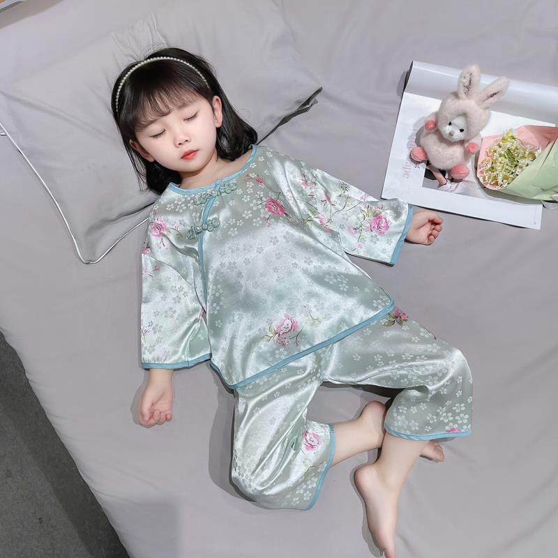女童睡衣2025新款夏季春秋空调服儿童长袖中国风盘扣仿真丝绸薄款
