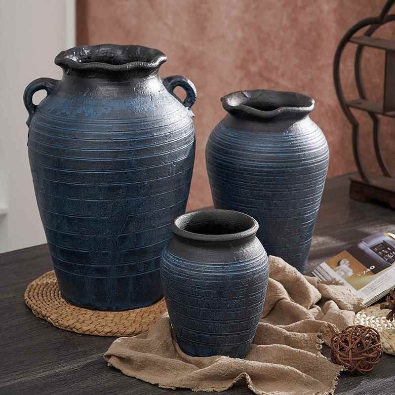 粗陶花瓶摆件花盆客厅花园新中式干花花瓶复古土陶罐插花饰品