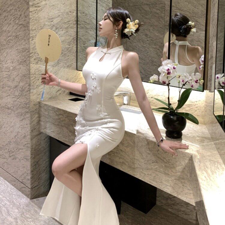新中式国风白色改良旗袍连衣裙女夏季高级性感晚礼服性感包臀长裙