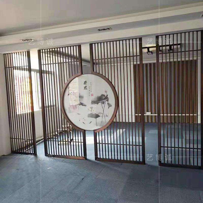 不锈钢玻璃屏风中式玄关山水画新中式拉丝黑钛不锈钢屏风隔断