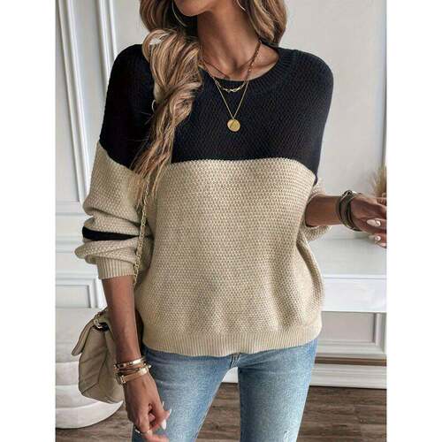 Plus Size Patchwork Striped Drop Shoulder Sweater, Casual