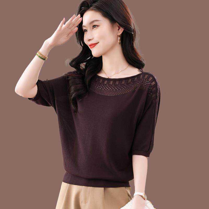 桑蚕丝蝙蝠衫T恤女冰丝针织上衣短款夏装新款一字领宽松短袖T恤